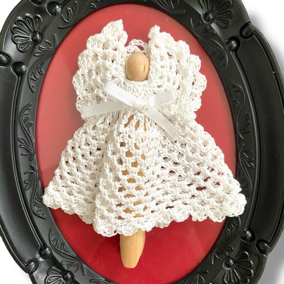 Handmade Close Pin Angel Artwork Crochet Dress Black Ornate Frame Unique - Picture 2 of 10